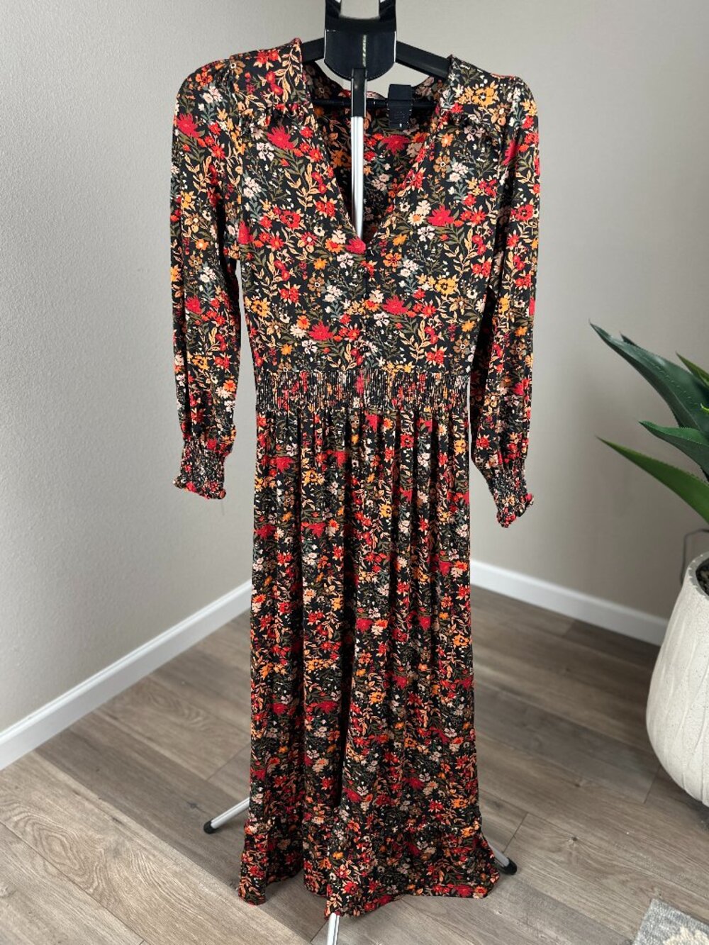 Joe Browns Floral Maxi Dress Black Boho Smocked Waist Long Sleeve UK 12 US 8